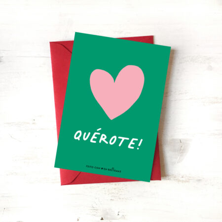 Postal con sobre "Quérote" (verde e rosa)